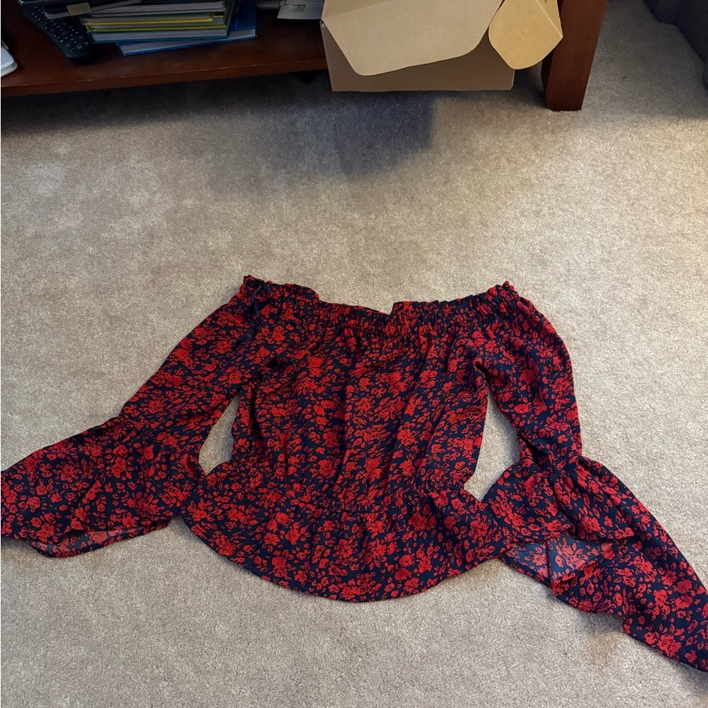 Express Red and Black Floral Off-Shoulder Blouse